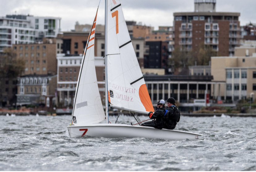 SETTING SAIL. Last fall, sailing club members Lorenzo Good and Wyatt Tait traveled to Madison, Wisconsin, and participated in the University of Wisconsin Advanced Sailing Clinic. Here, they are practicing for a race on a doublehanded sailboat.