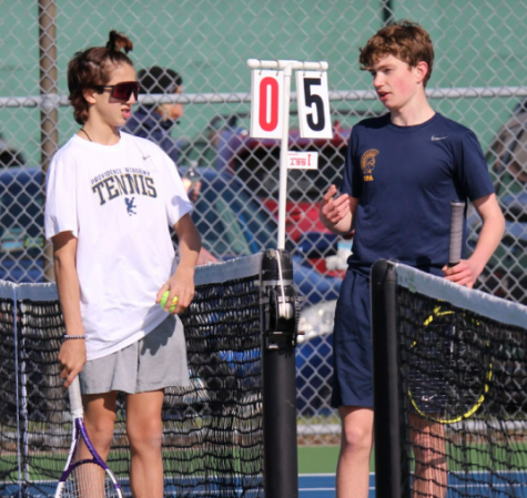 WATER BREAK, 
 SWITCH SIDES. Freshman David Schumacher discusses the match with one of the Lions.