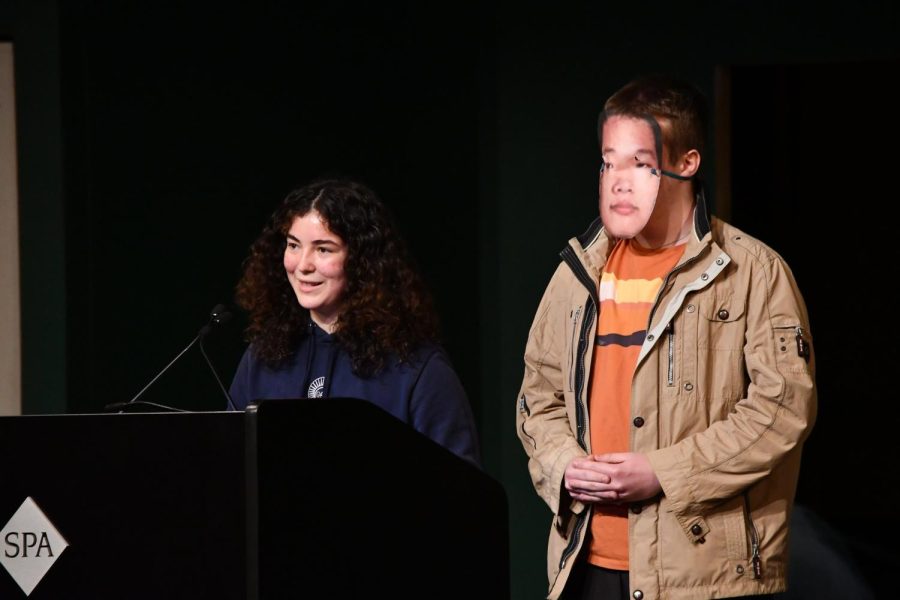 USC President-elect Maryeva Gonzalez and a stand in for co-President Tenzin Bawa deliver vision (and humor) in the Huss assembly May 6.