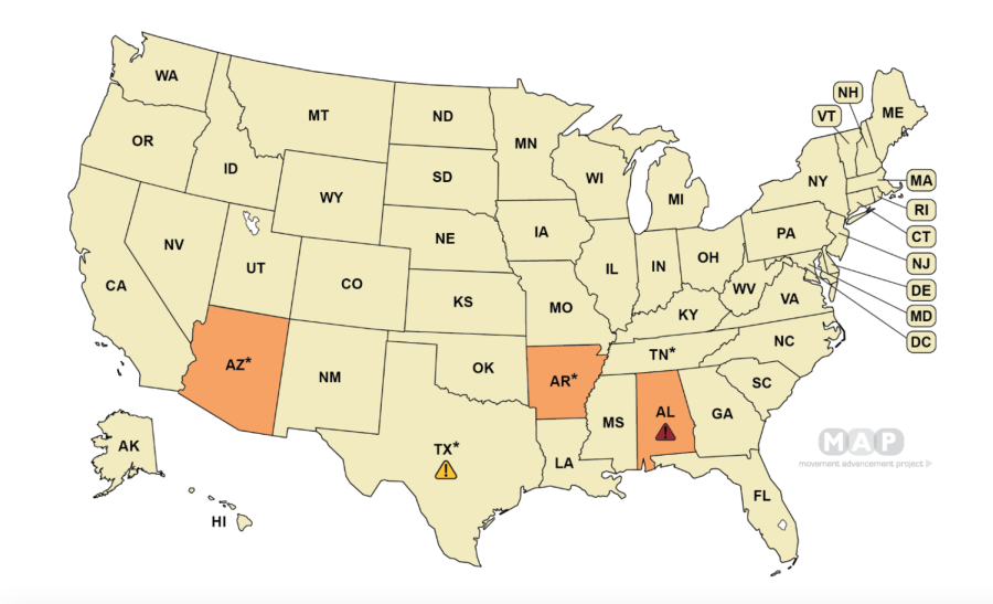 LIMITING LEGISLATION. According to Movement Advancement Project three states have explicit bans on transgender care, and one has legislation attempting to limit or ban it.