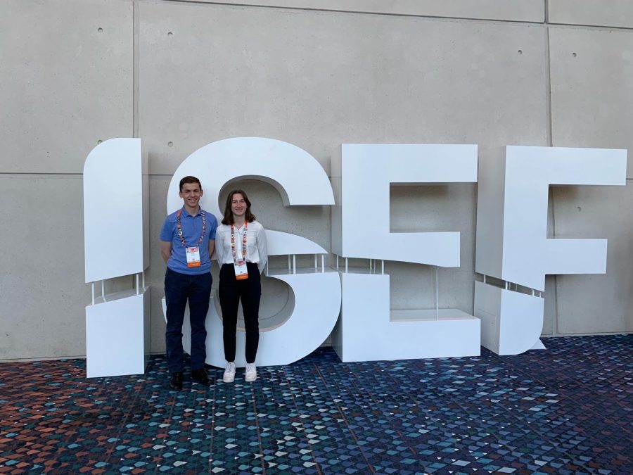 WE HAVE ARRIVED. Alex Moore and Ruth Mellin stand in front of the exhibit hall for the 2022 ISEF in Atlanta.