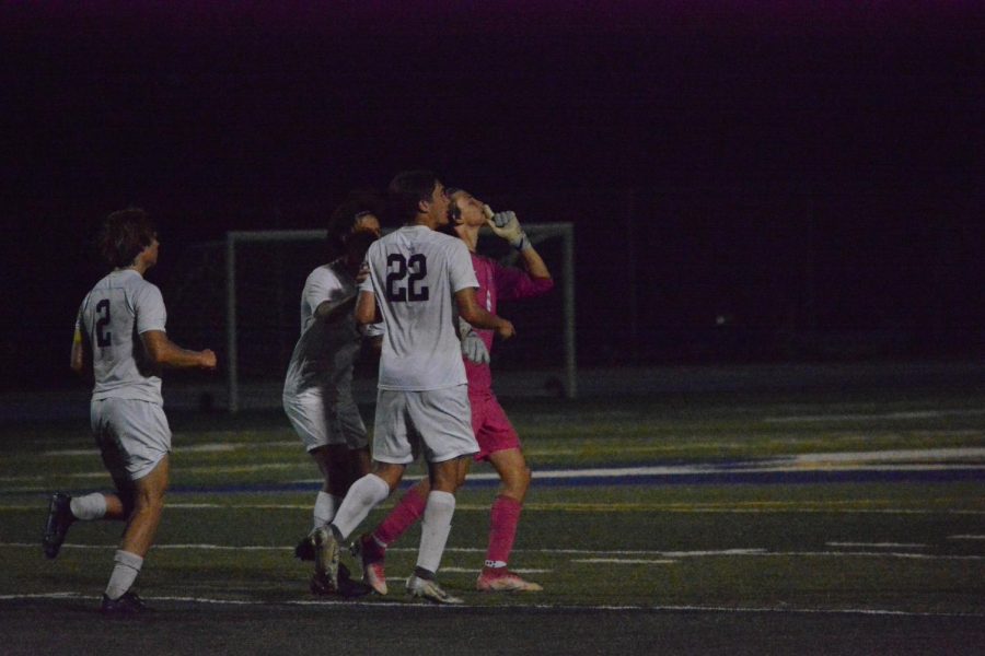 Goalie Cooper Olsen shushes Brecks student section after SPA ties the game for the second time, 2-2..