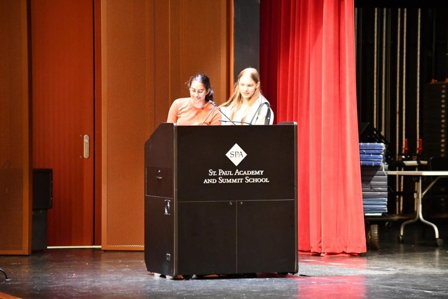 GOT TALENT? SAC members Aarushi Badahur and Natalie Weibel begin the talent show with a short introduction and guidelines for audience members.