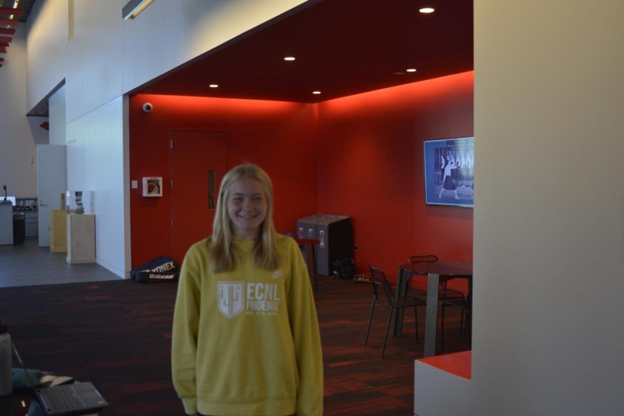MELLOW YELLOW. Sophomore Sawyer Bollinger-Danielson wears a comfy crewneck for class color day. "Yellow is a pretty hard color, so I just went with what I had," she said. 