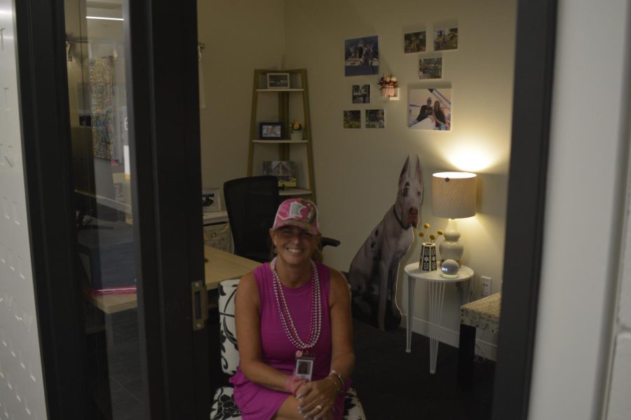 PRETTY IN PINK. Upper school technology coordinator Angie Kritta went all out for the faculty dress up day. "Pink is my favorite color, so I had a hard time choosing what to wear today," said Kritta. 