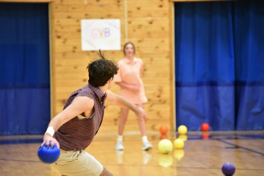 READY UP. John Christakos winds up to throw a dodgeball at a final player.