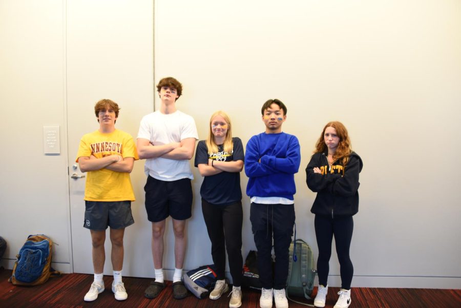 FRIDAY FESTIVITIES. A group of sophomores showing off their Blue and Gold Day outfits had their game faces on for the last day of Homecoming week. Sawyer Bollinger-Danielson said, Im so excited for the [soccer] game. Last year I didnt get to watch because I was playing, but this year Im excited to see the boys win.