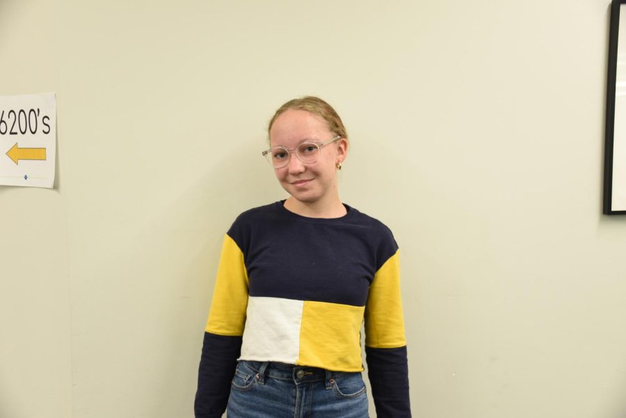 TOTAL TRADITION. For freshman Beatrix Rhone, this outfit is a Homecoming staple. I wear this shirt every year for Blue and Gold Day, she said.