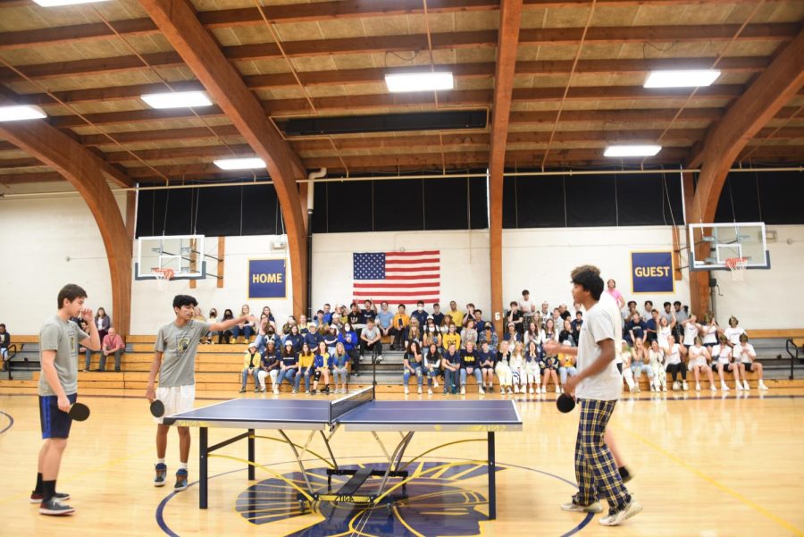 ULTIMATE DUEL. For the final round of the Ping Pong Competition, juniors Maik Nguyen and Baasit Mahmood faced off against seniors Rio Cox and Maverick Wolff. In a tight battle, the junior superstars came out of top, with their supporters cheering them on from the bleachers.