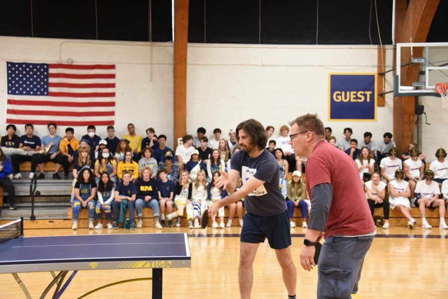 DOUBLE TROUBLE. In a surprise additional round of ping pong, science teachers Joe Martin and Scot Hovan took on the junior victors. Calling themselves High Velocity, the duo was unable to outlast the students.