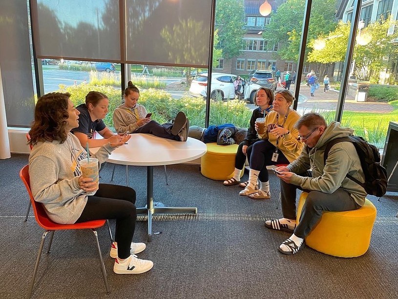 Faculty members channeled current high school students, hanging out in Schilling before school: history teacher Andrea Sachs, science teachers Mallory Schmidt, Rachel Yost-Dubrow, Karissa Baker, Amy Stading, and Scott Hovan.