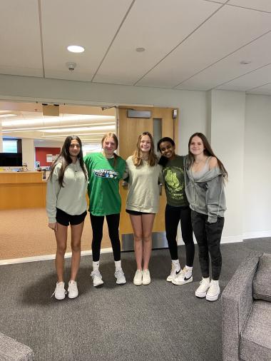 LIME OF YOUR LIFE! “I pulled the all green out of my closet and picked out the outfit,” Eloise  Leatham said. This picture features Kavita Deo, Nora Grande, Lily Currie, Luwam Mebrahtu, and Eloise  Leatham from left to right.