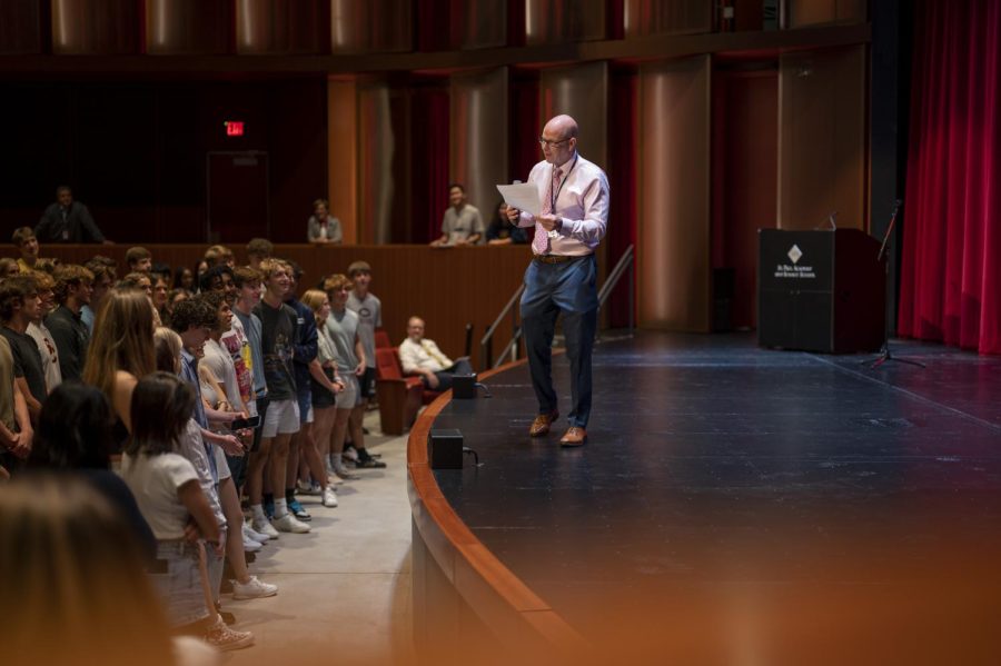 Interim US Principal Ken Jaffe talks to the seniors about what it means to lead in the opening assembly on Aug. 31.