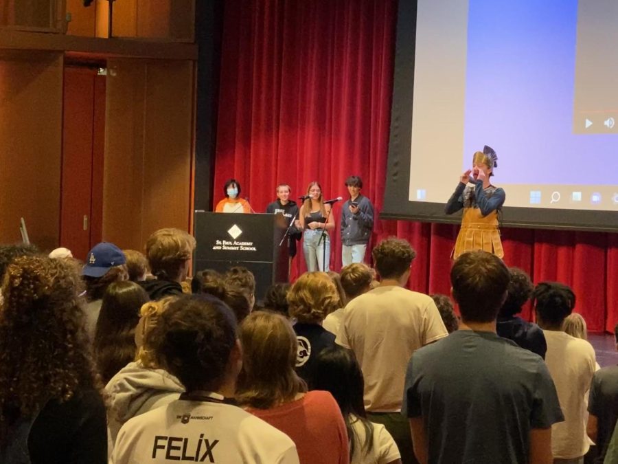 After a video short introducing the Homecoming Game challenger, Spartan Tommy Verhey got the crowd on their feet for the first Spartan Beat of Homecoming.