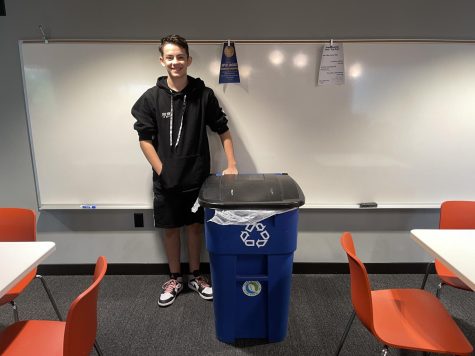 Sophomore Coda Wilson wheeled around school with a recycling bin containing his binders.