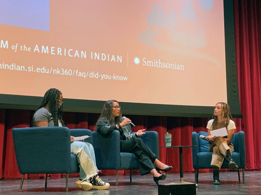 NATIVE TRUTHS. Speaker Sarah Wheelock answers questions asked by Maya Coates Cush and Milkii Tigro during the Indigenous People’s Day assembly Oct. 10. Judge Wheelock said, “Part of moving society toward a place where we have a better understanding and respect for all people is knowing that it is our individual responsibility to learn, to ask questions, and to choose to be respectful.” Wheelock is the first Indigenous judge in the Minnesota Court of Appeals.