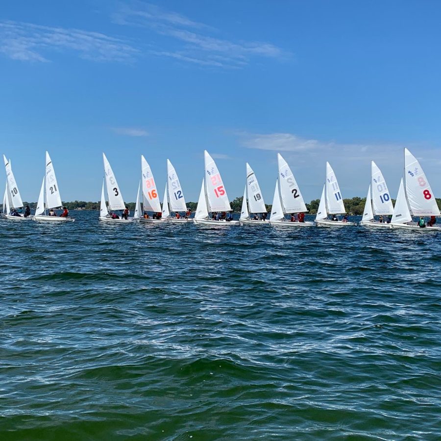 SAILORS ASSEMBLE. The sailing club line up during their regatta before the race starts. 