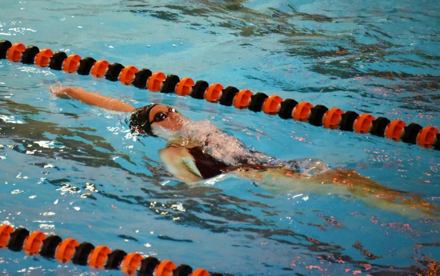 BREAKING THE SURFACE. After streamlining underwater, a backstroker breaks the surface and begins her strokes.