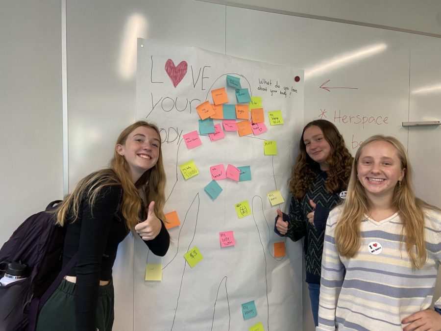POST IT HERE. HerSpace designed the Love Your Body Day poster and students added their notes to it.
