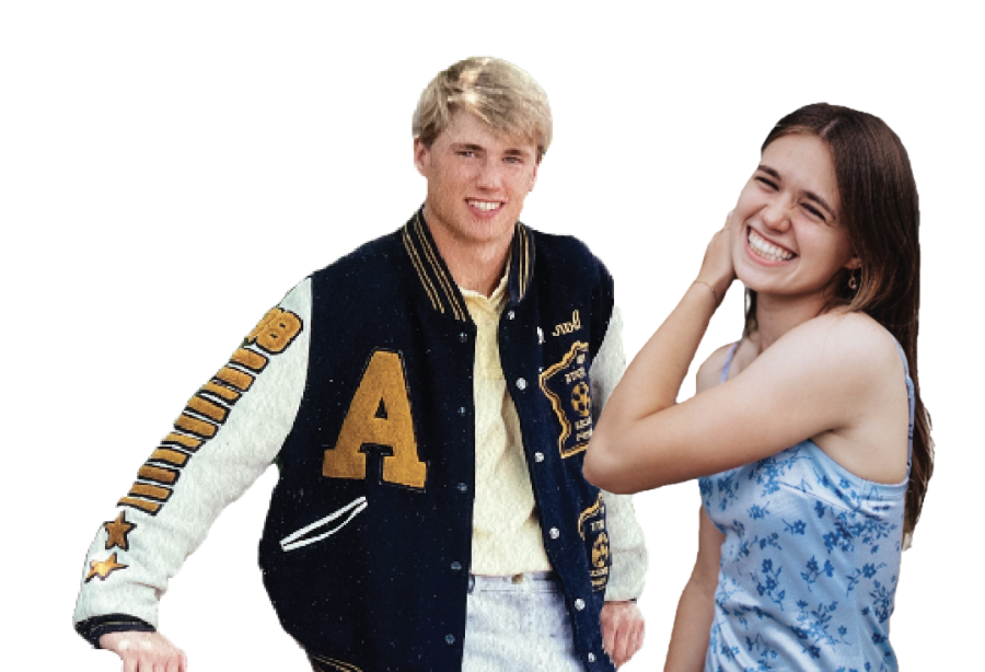 DOUBLE DEUEL. On the left, Dan Deuel (1984) poses in his letterman jacket for his senior photo while his daughter, Heidi (2023), poses for hers.