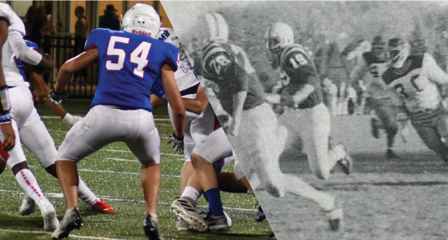 FOE, NOW FRIEND: On the right half, SPA’s football team battles it out against longtime rival Blake in the last game of the 1963 season, winning 7-0. On the left half, SMB Wolfpack, a co-op formed between SPA, Minnehaha Academy and previous rival Blake, takes on North Saint Paul on Homecoming night in 2021.