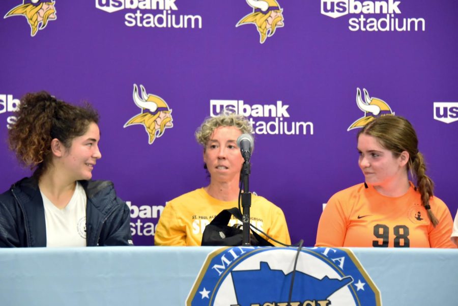 MOMENT IN THE SPOTLIGHT. Captains Maryeva Gonzalez and Lindsay Browne joined head coach Aileen Guiney in the press conference after the game. Captain Heidi Deuel, forward Sawyer Bollinger Danielson and midfielder Andrea Gist also spoke with the press after the game. 