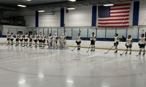 PHOENIX RISING. The new hockey co-op stands on the line for the national anthem at Drake Arena at a Nov. 26 game.