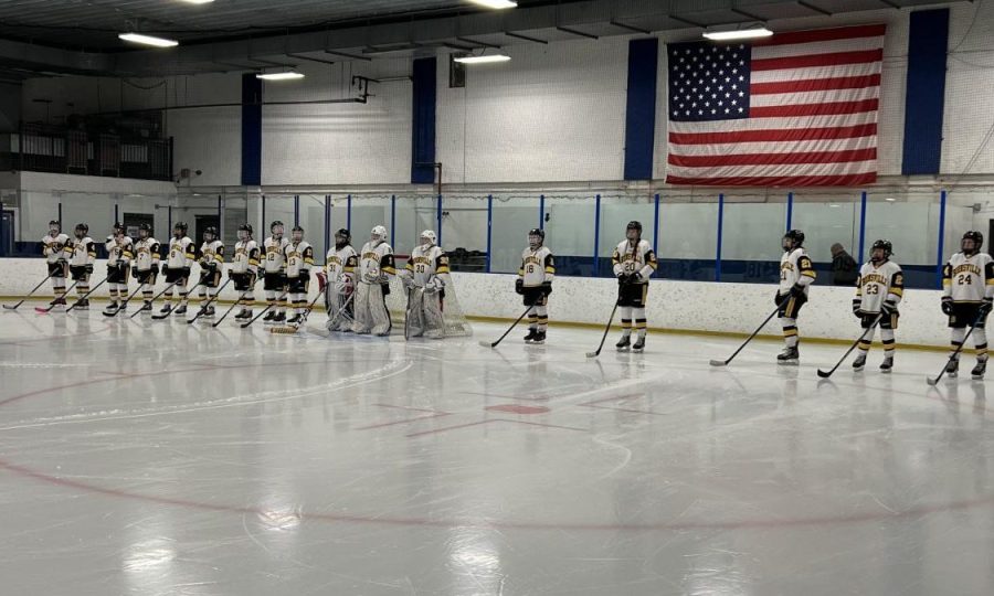 PHOENIX RISING. The new hockey co-op stands on the line for the national anthem at Drake Arena at a Nov. 26 game.