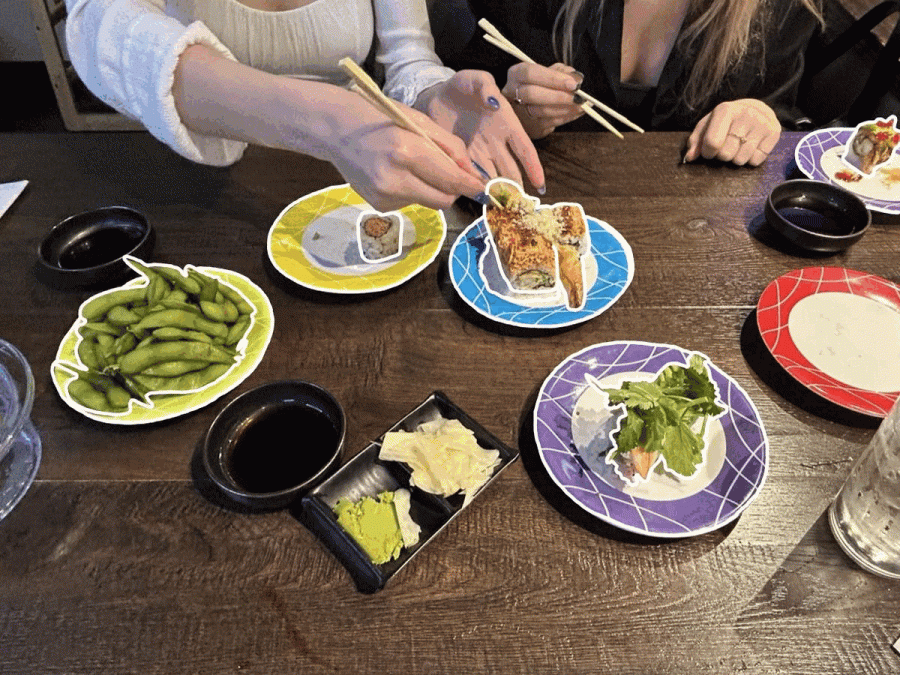 SUSHI SPREAD. Each dish meets the level of freshness expected of conveyor belt sushi, in addition to all having incredible flavor. The edamame was a perfect precursor to sushi, and each plate seemed to out-do the last. The Mexican roll’s jalepeño dressing set the dish apart and the cilantro garnish offered an additional level of texture to each bite. The crunchy crab roll was light and tasty, and the shrimp tempura roll was mouth-wateringly delicious. The dragon roll, a medley of shrimp, eel, avocado and cucumber, formed the perfect combination.