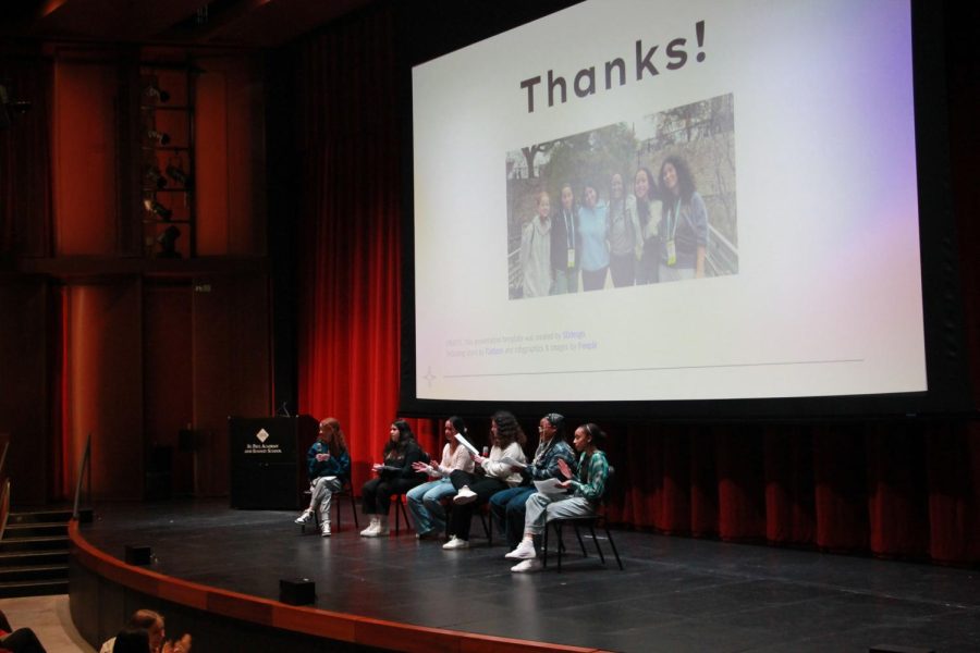 PAYING THANKS. At the close of the assembly, the assembly leaders thanked Director of Intercultural Life Naomi Taylor and Intercultural Life Program Specialist Alexis Irish for accompanying them to the conference and helping them plan the assembly.