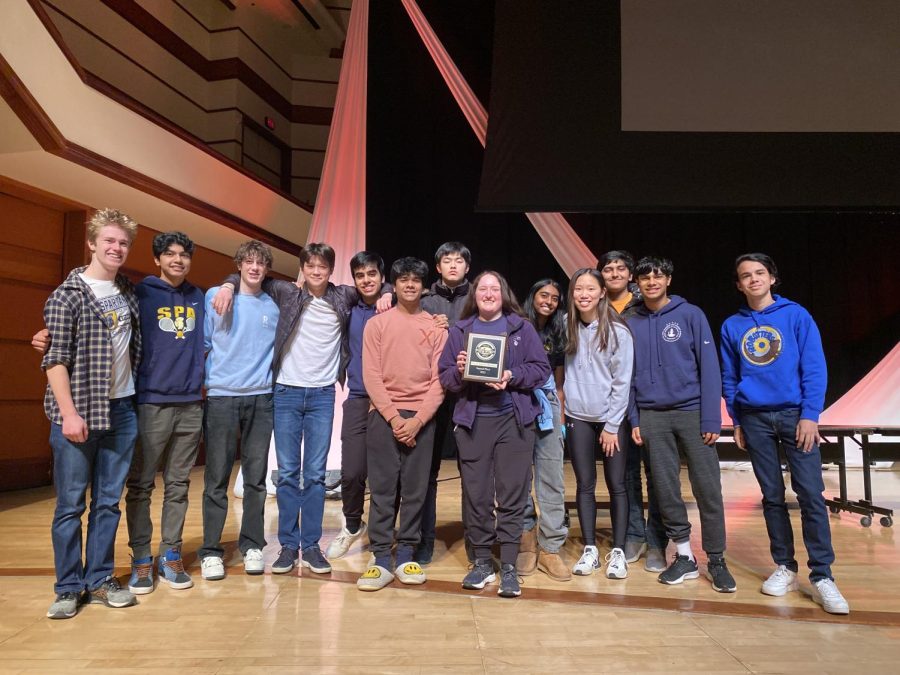 STATE 2nd PLACE. The Science Olympiad competitors pose with their second place trophy Mar. 4 at Bethel University.