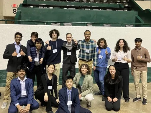 STUDENT SCIENTISTS. (FRONT) Aryun Nemani, Rita Li, Calvin He, Becca Richman, Julia Colbert. (BACK) Rishi Bhargava, Henry Choi, Humza Murad, Aaron Lindeman, Will Richardson, Gabriel Bangoura, Cassandra Zirps, Maryeva Gonzalez, Yash Kshirsagar. 