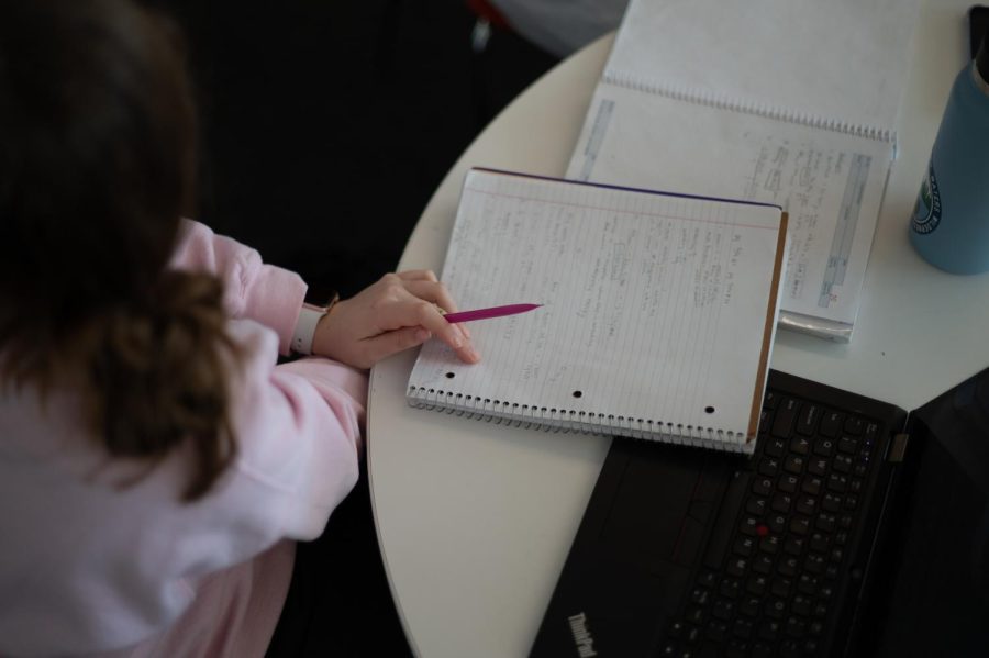 STUDY PLACES. The upper school includes a number of areas with tables, from open commons to closed door small study rooms for different kinds of learners.