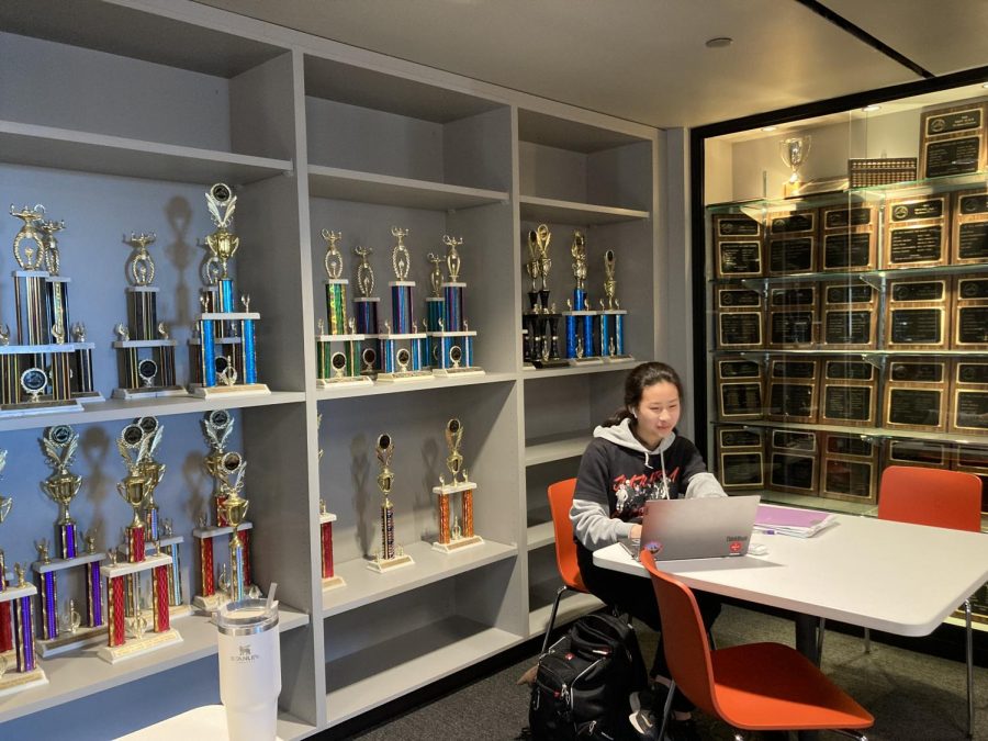 Wall of Winners. Annie Zhang works with her back to the trophies to complete her work. “I just like this space” she said. 