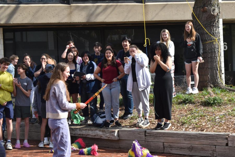 WHOOPS. Junior Carys Hardy broke the piñata buster after misaiming and hitting the ground. Students in the courtyard laughed with surprise.