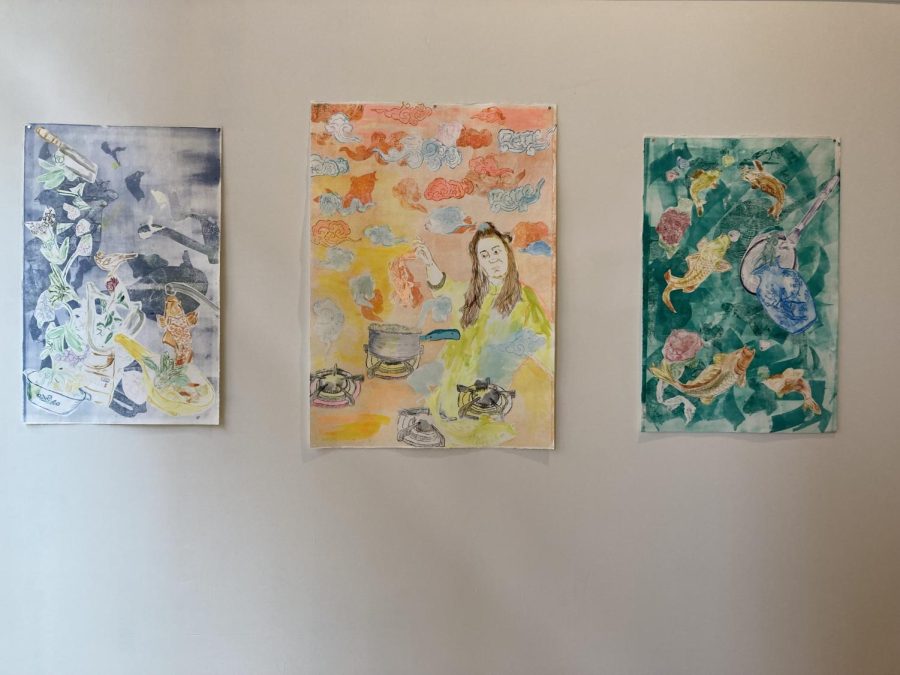 SET OF THREE. "orchids and animals in the kitchen"  , "Koi in the sky with clouds", "Koi Jellies" by Aniika Schneider creates a story of her family and her kitchen between all her paintings in the gallery. 
