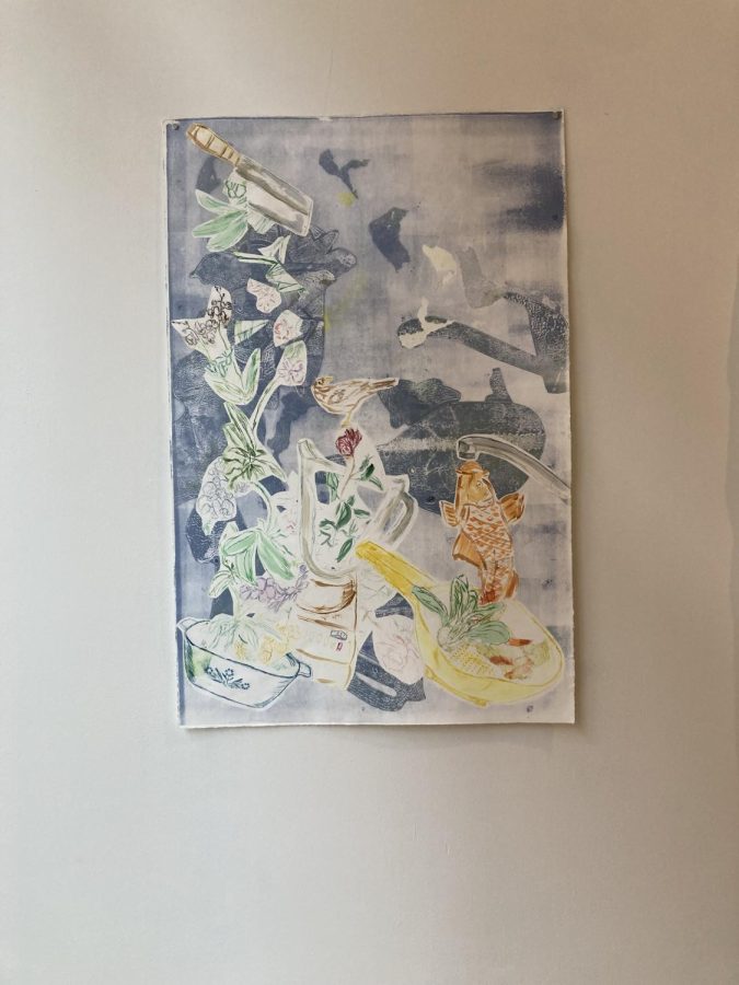 FLOWERS AND ANIMALS."orchids and animals in the kitchen"  by Aniika Schneider depicts plants and small animals in in the foreground. 