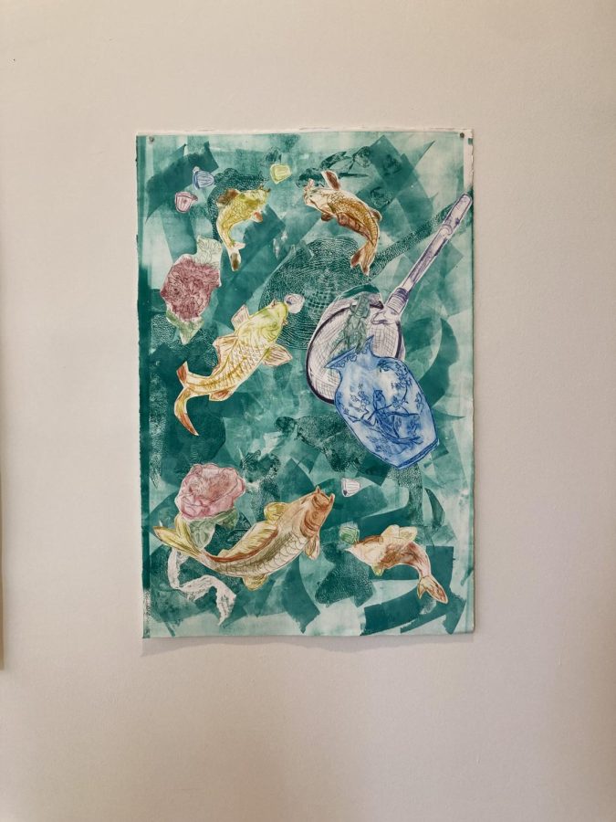 KOI IN THE POND. "Koi Jellies" by Aniika Schneider shows koi and patterns from Anikas past.