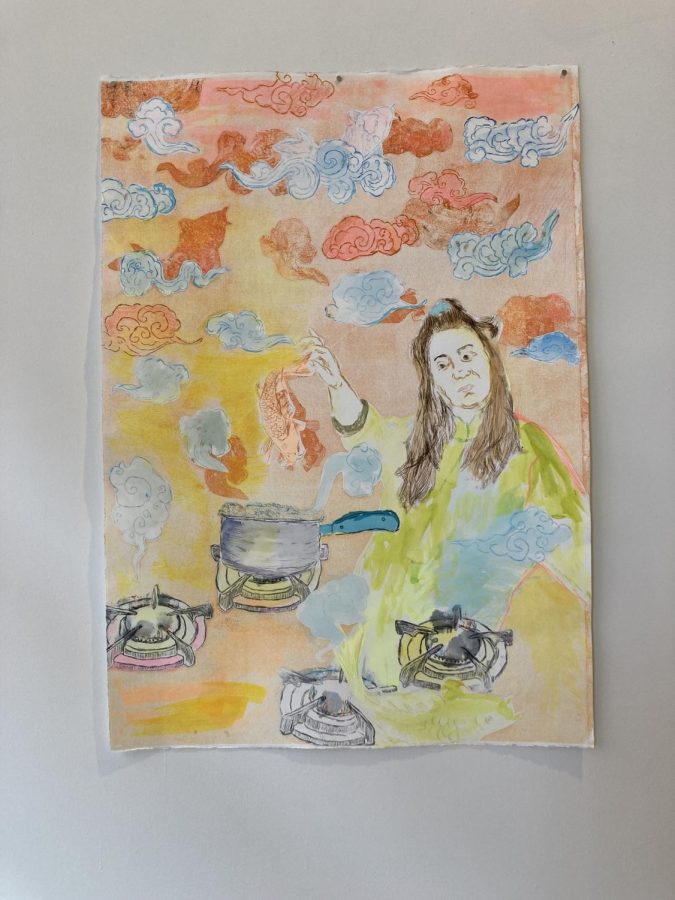 FISH IN THE SKY. "Koi in the sky with clouds" by Aniika Schneider moves fish from in the pond to the sky and beyond. 