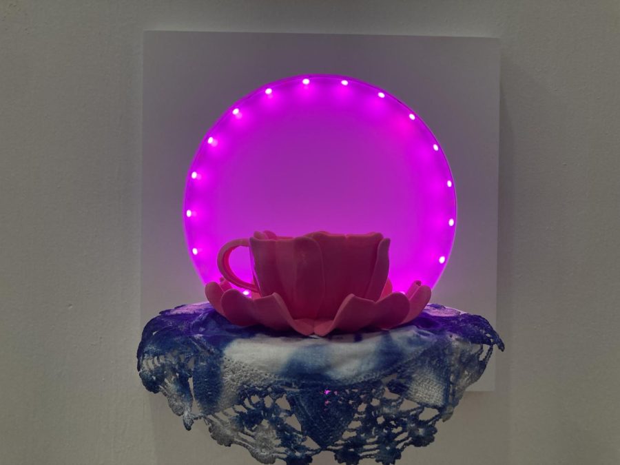 MUGS. "Polite society" by Andrea Bagdon is a series of four 3D printed rose mugs with printed cloth underneath. 