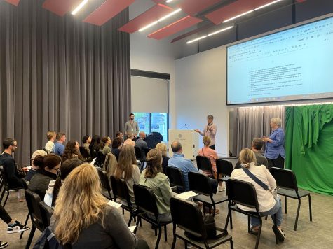 PAY ATTENTION. US Spanish teachers present information about next year’s exchange program in an info session May. 9. The program was stopped for two years due to the COVID-19 pandemic.