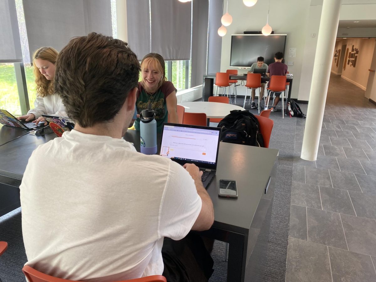 FIRST DAY SURVEYS. Senior John Christakos completes a survey for his advisory conference next week. Many other classes require first week surveys, asking questions such as "what are three words to describe yourself?"