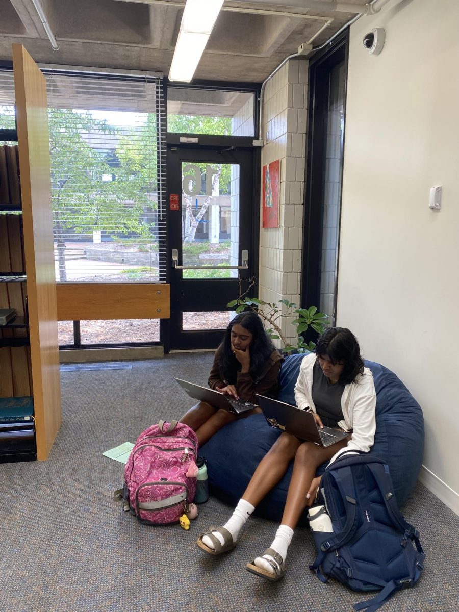 ASSIGNMENTS ALREADY. At 2:25, Sophomores Shefali Meagher and Sona Jain work on their first homework assignments of the year. Best part of the first day? Having a free said Jain. 