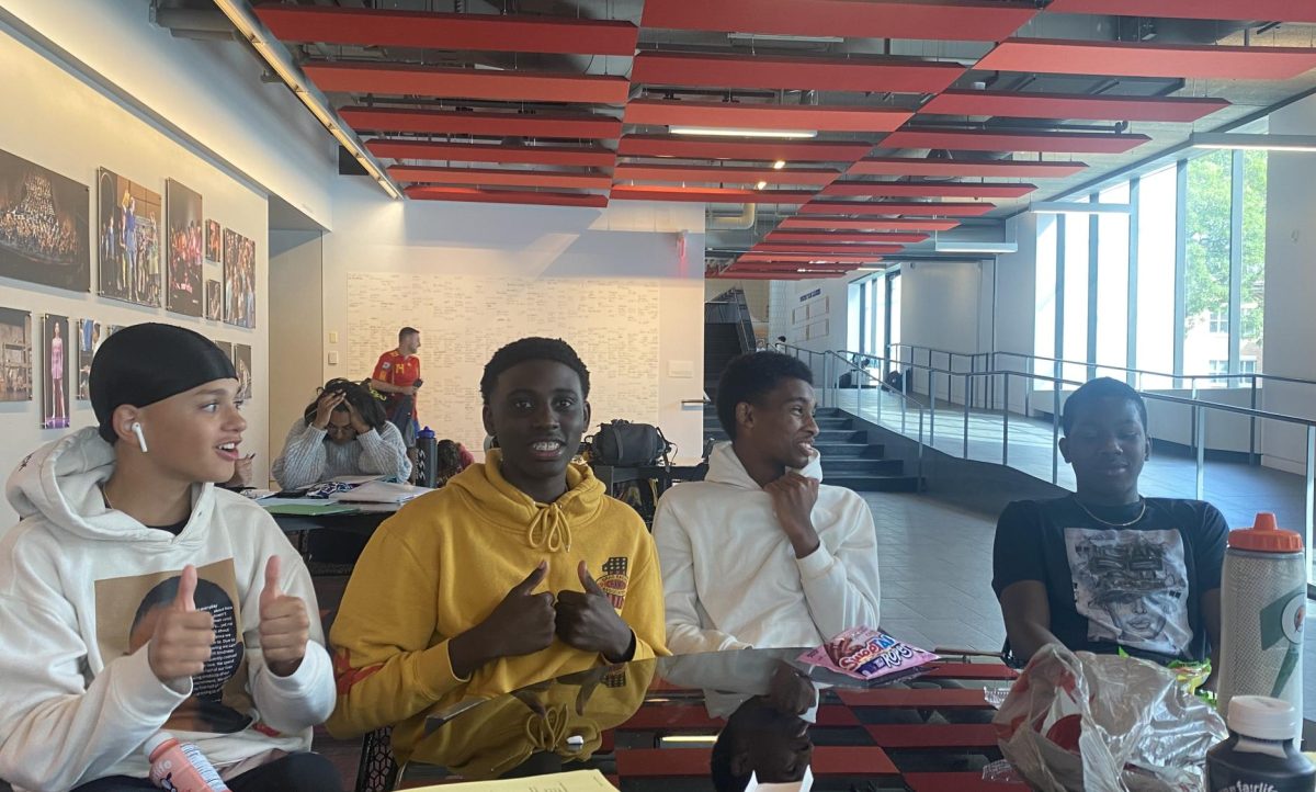 CONNECTED. Members of the Black Student Union, James England, LaRon Johnson, Bokii Mullataa, Ike Obi-Walker, hang out after school in Huss.
