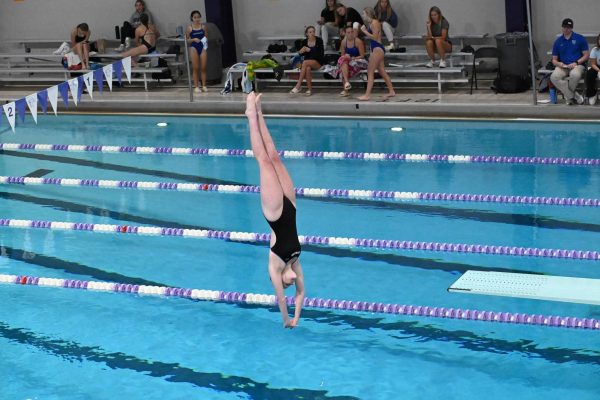 STREAMLINED. Coleman soars into the water with her technical reverse dive tuck. Her inward dive pike earned the highest score of the six she competed, with a net score of 18.5. She left the meet reminding herself that “I’ll have on and off days,” she said.

