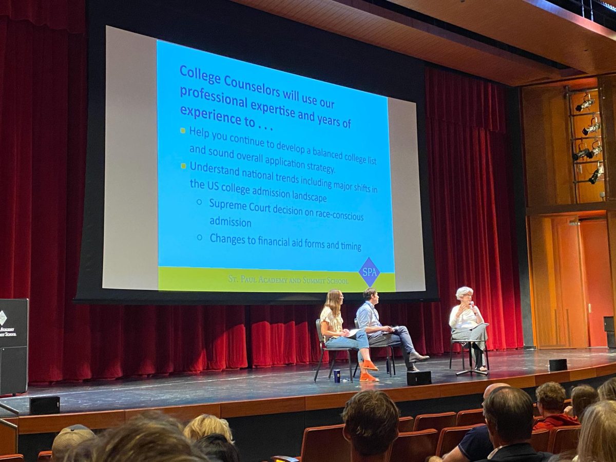 ACTION IN ADMISSIONS. College counselors Mary Hill, Karna Ivory, and Evan Hansell discuss how the Supreme Court’s decision to eliminate affirmative action will affect the admissions landscape. The presentation covered how the counselors will guide students through the application process following this change during senior night on Aug. 30. 