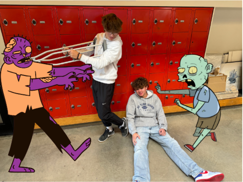 FIGHT TO THE DEATH. Sophomores Fletcher Coblentz and Charles O’Malley fight off the zombies. O’Malley chose Peter Ostrem to help him fight in the zombie apocalypse. Coblentz chose Coda Wilson due to his ability to make fires. Coblentz also chose Bokii Mullataa.
