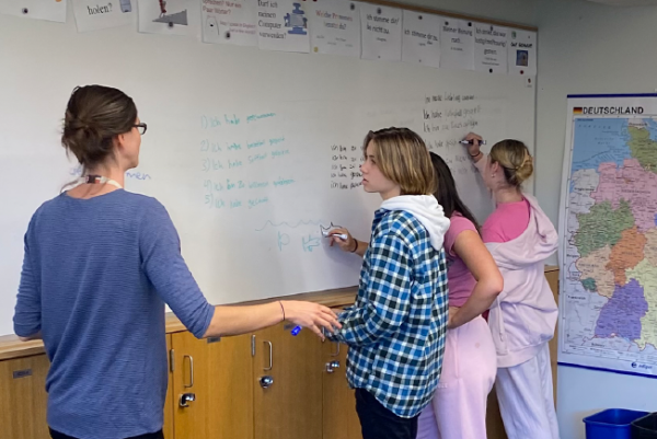 LOCKED IN. German teacher Rachel Ruddick talks to her German II students in her class of 6 on Wednesday.