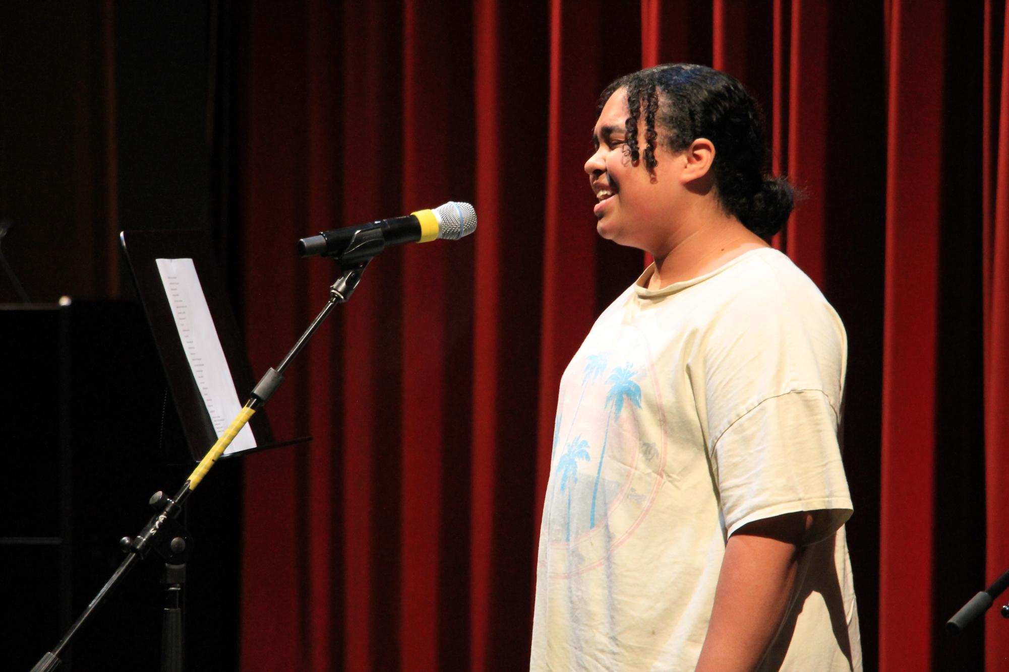 LOUD AND PROUD. Sophomore Violet Pitcher delivered a beautiful rendition of "What Was I Made For?" by Billie Eilish, met with raucous cheers from the audience.