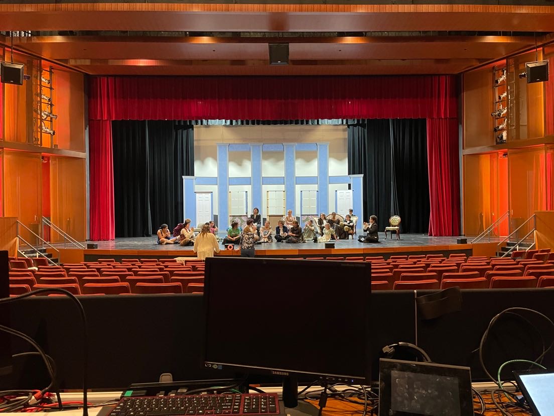 IN CONTROL. The view that Junior Josh Holloway has controlling the lights and sounds for the 2023 fall play.